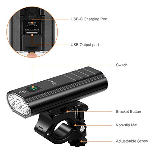 Ryaco Luz de Bicicleta, Faro de Bicicleta con 3 Leds de 2400 lúmenes, Faro de Bicicleta de Bicicleta Recargable por USB con 5200 mAh de Capacidad con función de batería Externa (Tres Rayas Negras)