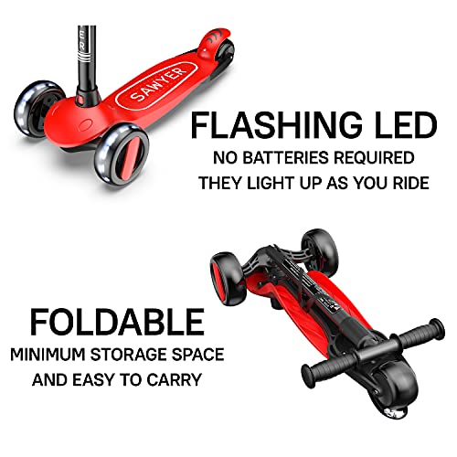 Sawyer - Patinete Ajustable Ruedas LED - Niños 2 a 8 Años (Rojo)