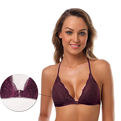 SHEKINI Sujetador Mujer Bralette de Triángulo de Encaje Flor Crochet con Cierre Delantero con Relleno Extraíble sin Aros y Tirante Ajustable Estilo Plunge para Mujer(Fucsia, S)