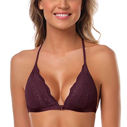 SHEKINI Sujetador Mujer Bralette de Triángulo de Encaje Flor Crochet con Cierre Delantero con Relleno Extraíble sin Aros y Tirante Ajustable Estilo Plunge para Mujer(Fucsia, S)