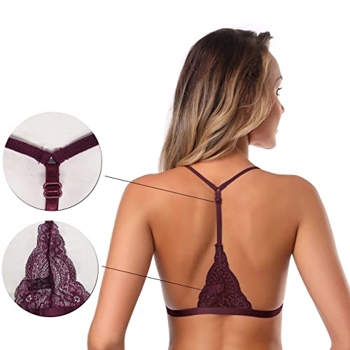 SHEKINI Sujetador Mujer Bralette de Triángulo de Encaje Flor Crochet con Cierre Delantero con Relleno Extraíble sin Aros y Tirante Ajustable Estilo Plunge para Mujer(Fucsia, S)