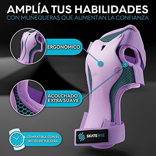 SKATEWIZ Rodilleras de Patinaje y Coderas - Muñequeras - Smash - Talla M/L en Azul y Púrpura - Rodilleras para Niños Patinadores - Rodilleras de Patinaje para Niños 8-14