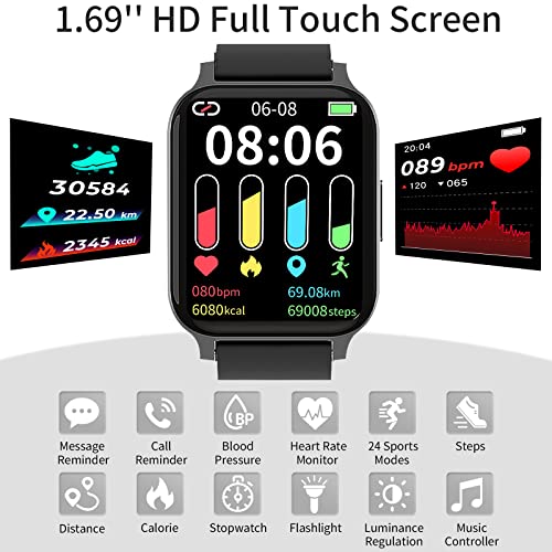 Smartwatch,1.69" Reloj Inteligente Hombre Mujer con Temperatura,Impermeable IP68 Fitness Reloj 24 Modos Deporte con Pulsómetro Monitor de Sueño Calorías Podómetro para Android iOS Rosado (Negro)