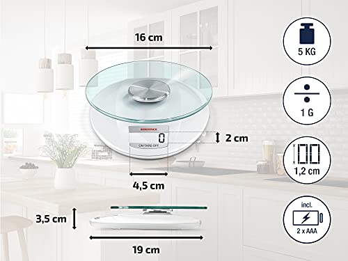 Soehnle Báscula digital Roma con capacidad de carga de 5 kg, peso de cocina con precisión de 1 g, báscula electrónica con función de tara, blanco