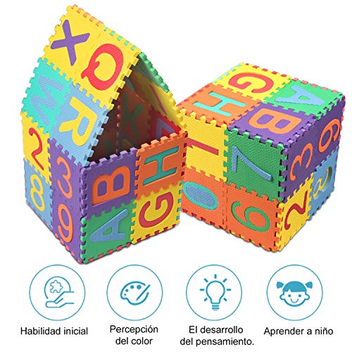 StillCool Alfombra Puzzle Niños de Letras Puzzle Estera de Juguete de Espuma Sólida 15cm * 15cm,36 Piezas de Goma Espuma Suave Eva alfombras de Numeros 0 al 9 y 26 Letras (A-Z) para Niños Bebe