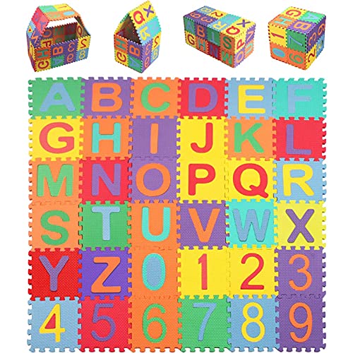 StillCool Alfombra Puzzle Niños de Letras Puzzle Estera de Juguete de Espuma Sólida 15cm * 15cm,36 Piezas de Goma Espuma Suave Eva alfombras de Numeros 0 al 9 y 26 Letras (A-Z) para Niños Bebe