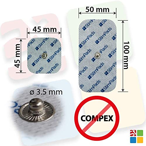 StimPads, Eco-Pack de 12 Unidades de Alto Rendimiento, electrodos TENS - EMS de Larga duración con Conector Universal Tipo Snap de 3.5mm (4 X 50X100mm y 8 X 45X45mm)