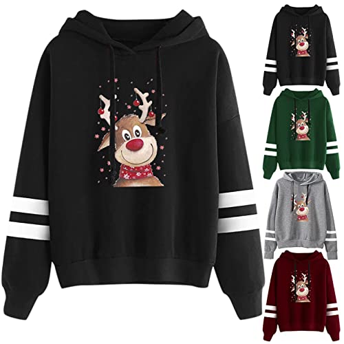 Sudadera para Niñas Chicas Mujers Suéter Navideños Impreso Reno Manga Larga Pull-Over Delgados Hoodies con Ajustable Cordón Dama Señora Feliz Navidad Invierno Otoño S/M/L/XL/XXL