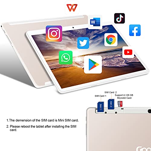 Tablet 10 Pulgadas Android 10.0 GOODTEL Tablet 4GB de RAM, 64GB de Memoria Interna, Escalable 128GB, Quad-Core, WiFi + Dual SIM 8000mAh Batería Bluetooth WiFi Cámara Dual, Type-C - Oro Rosa