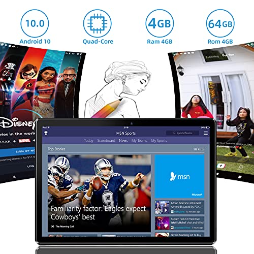 Tablet 10 Pulgadas, SUMTAB Android 10.0 Tableta, 8 núcleos, 4GB RAM + 64GB ROM, Pantalla G + G, Bluetooth, Soporte Netflix, Tiktok,Google Play