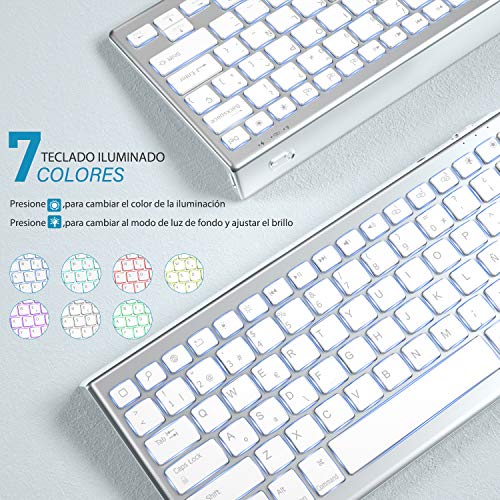 Teclado Bluetooth para iPad 10.2 iPad 5/6/7/8ª Generación iPad 4/3/2 iPad Pro 10.5/11/12.9 iPad Mini iPhone, 7 Colores Retroiluminado Teclado Compacto Recargable, Español Ñ, Blanco y Plata