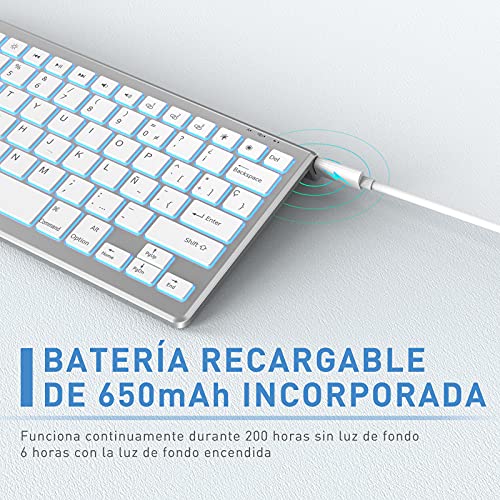 Teclado Bluetooth para iPad 10.2 iPad 5/6/7/8ª Generación iPad 4/3/2 iPad Pro 10.5/11/12.9 iPad Mini iPhone, 7 Colores Retroiluminado Teclado Compacto Recargable, Español Ñ, Blanco y Plata