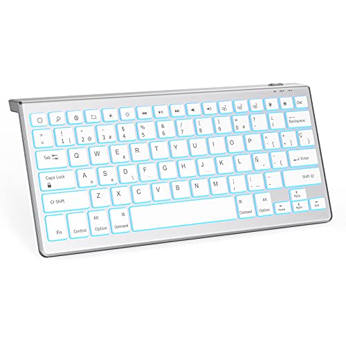 Teclado Bluetooth para iPad 10.2 iPad 5/6/7/8ª Generación iPad 4/3/2 iPad Pro 10.5/11/12.9 iPad Mini iPhone, 7 Colores Retroiluminado Teclado Compacto Recargable, Español Ñ, Blanco y Plata