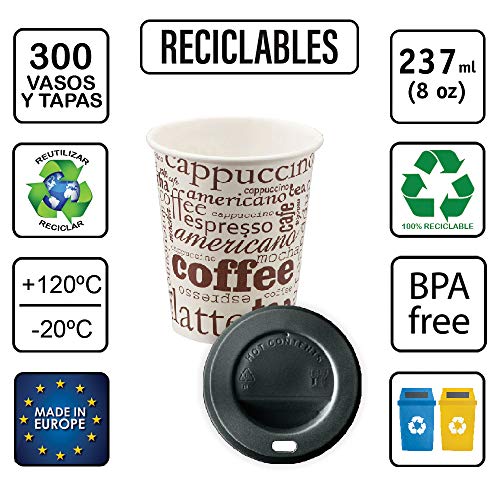 TELEVASO - 300 uds - Vaso de cartón para café Vending + Tapa Traveler - Capacidad de 237 ml (8 oz) - Ideal para Bebidas Calientes como café, té, Leche, infusiones