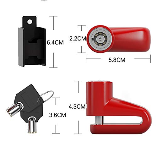 Timertick Candado de Freno de Disco,Bloqueo de Disco de Freno con Cuerda Recordatoria y 2 Claves,Cerradura para Scooter,Bicicleta,Moto (Rojo)