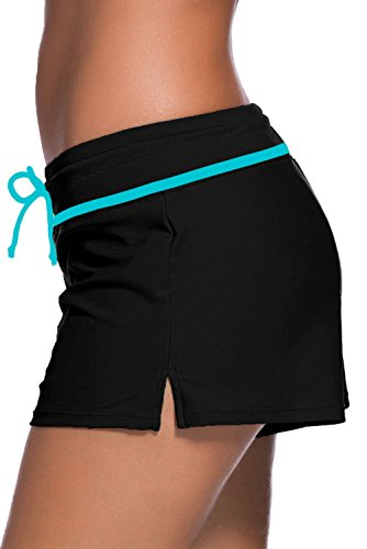 Tmaza Shorts de Baño Mujer Bañador Short Deportes Acuáticos Shorts de Natación Secado Rápido Bañador de Pantalon Cortos con cordón Ajustables, Negro Blanco L