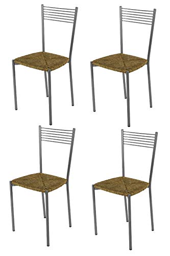 Tommychairs - Set 4 sillas Elegance para cocina, comedor, bar y restaurante, estructura en acero pintado aluminio y asiento en verdadera paja