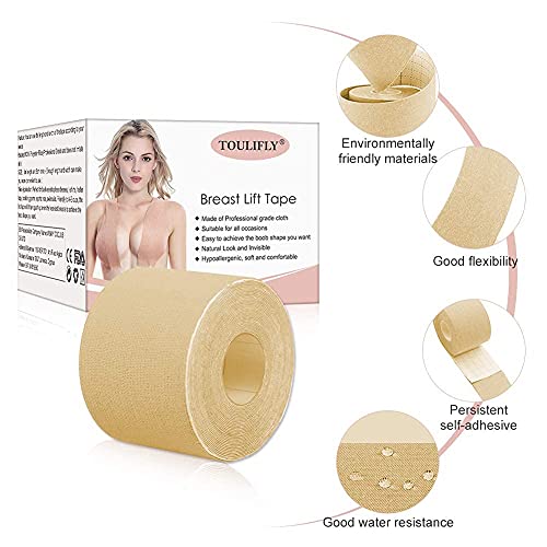 TOULIFLY Cinta de Levantamiento de Senos, Cinta de Sujetador de Senos, Breast Tape, Cinta de Senos, Invisible Cinta con 5 Pares de Cubre Pezones, para Prevenga la Flacidez del Pecho 5m x 5cm