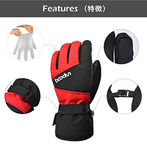 TRIWONDER Guantes de Esquí Niños Guantes de Invierno Cálido para Clima Frío Snowboard Deportes de Nieve al Aire Libre (A - Negro y Rojo, L/XL (9-12 años))