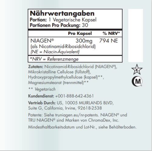 TRU NIAGEN Nicotinamide Riboside NAD + Suplemento para reducir el cansancio y la fatiga, fórmula patentada NR es más eficiente que NMN, 300 mg por porción 30 días (1 mes / 1 botella)