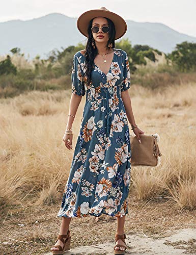 Vestido Mujer Bohemio Largo Verano Playa Fiesta Floral Manga Larga Cuello en V Maxi Vestidos Cóctel Falda Larga Vestido Swing (Bluefloral, x_l)