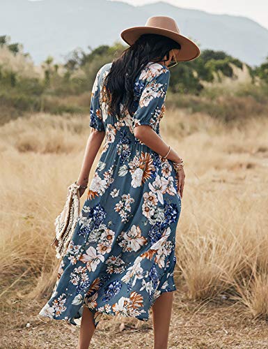 Vestido Mujer Bohemio Largo Verano Playa Fiesta Floral Manga Larga Cuello en V Maxi Vestidos Cóctel Falda Larga Vestido Swing (Bluefloral, x_l)