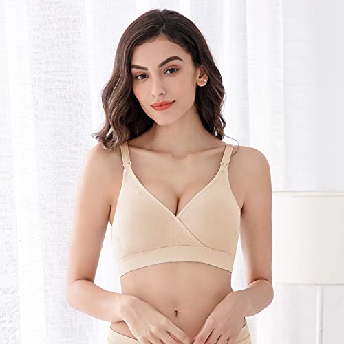 Vinfact Sujetador Lactancia De 3 Piezas para Mujer, Sujetador Premama Sin Aros Comodos, Sujetadores para Dormir Sin Costuras, DiseñO Sexy con Cuello En V, Contiene Extensor-L,Negro/Carne/Gris