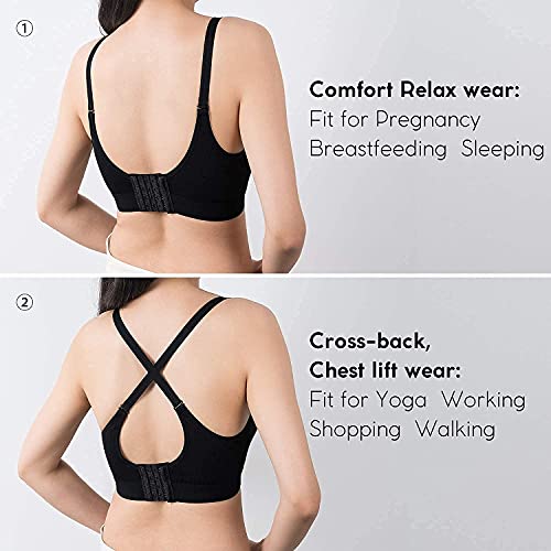 Vinfact Sujetador Lactancia De 3 Piezas para Mujer, Sujetador Premama Sin Aros Comodos, Sujetadores para Dormir Sin Costuras, DiseñO Sexy con Cuello En V, Contiene Extensor-L,Negro/Carne/Gris