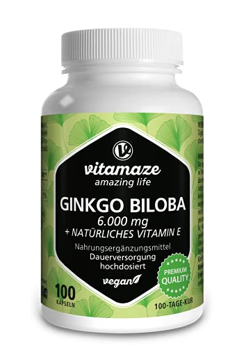 Vitamaze® Ginkgo Biloba Cápsulas 6000 mg de Dosis Alta, Extracto de Gingko Biloba Vegano 50:1, 100 Cápsulas para 100 Días, Suplementos Puro sin Aditivos Innecesarios, Calidad Alemana