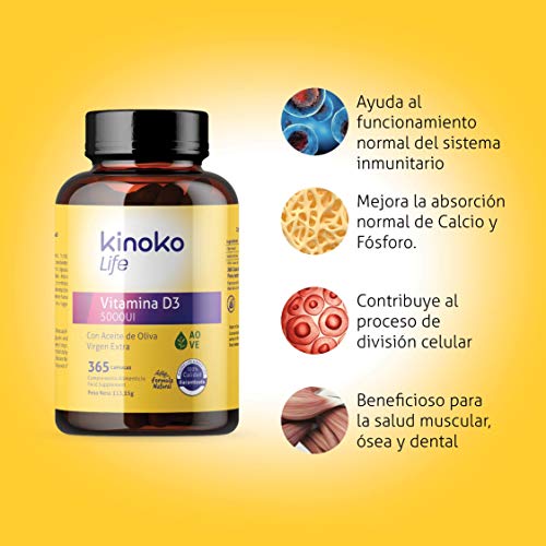 Vitamina D3 5000 UI | 365 Cápsulas | Vitamina D Natural Colecalciferol con Aceite de Oliva Virgen Extra | Mantiene las articulaciones y mejora la absorción del Calcio | Aumenta tus Defensas.