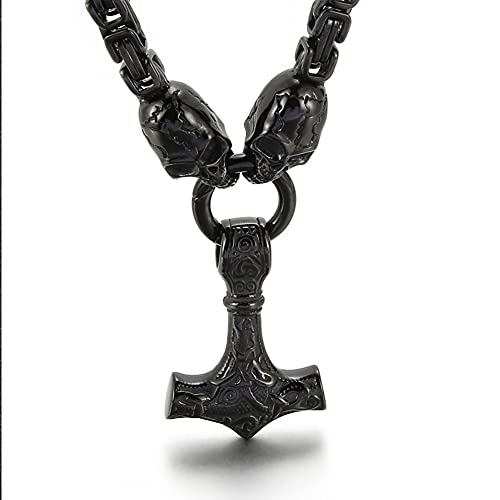 WDBAYXH Collar Cabeza de Calavera Gótica con Colgante Martillo de Thor Vikingo Mjolnir, Joyería Amuleto Cadena Rey Pesado de Acero Inoxidable Plata Oro Negro, Ciclista, Antiestático,Negro