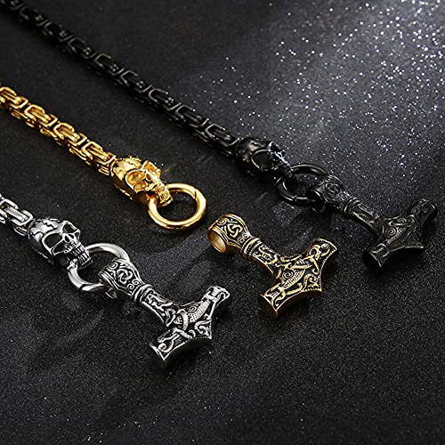 WDBAYXH Collar Cabeza de Calavera Gótica con Colgante Martillo de Thor Vikingo Mjolnir, Joyería Amuleto Cadena Rey Pesado de Acero Inoxidable Plata Oro Negro, Ciclista, Antiestático,Negro