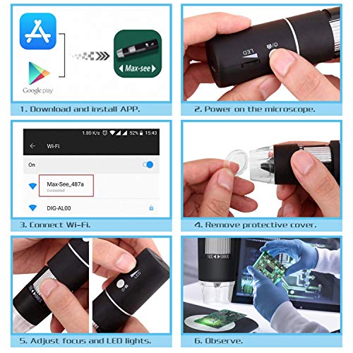 WiFi Microscopio Digital,HEYSTOP 1080P HD 2MP Mini Cámara,Aumento de 50 a 1000x Endoscopio,8 LED USB 2.0 Microscopio Ddigital con Metal Soporte Compatible iPhone iOS Teléfono Android iPad Windows Mac