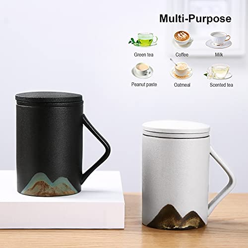 WILDKEN Tazas de porcelana para té, tazas de café con asa, tapa y colador, para hogar y oficina 400ml, taza con patrones de montaña y agua