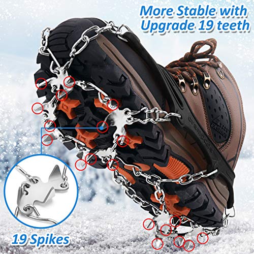 WIN.MAX Crampones, 19 Garras de Dientes Crampones Cubierta Antideslizante de Zapatos con Cadena de Acero Inoxidable para Excursiones Pesca Escalada Trotar Caminata sobre Nieve y Hielo (Negro, M)