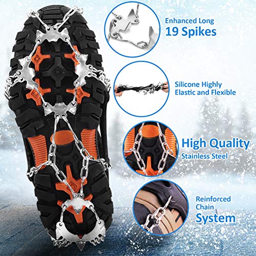 WIN.MAX Crampones, 19 Garras de Dientes Crampones Cubierta Antideslizante de Zapatos con Cadena de Acero Inoxidable para Excursiones Pesca Escalada Trotar Caminata sobre Nieve y Hielo (Negro, M)