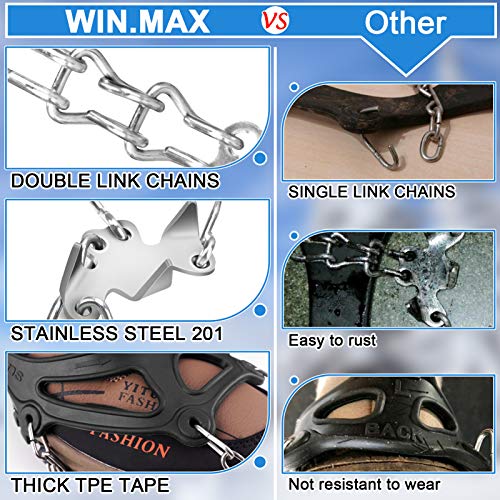 WIN.MAX Crampones, 19 Garras de Dientes Crampones Cubierta Antideslizante de Zapatos con Cadena de Acero Inoxidable para Excursiones Pesca Escalada Trotar Caminata sobre Nieve y Hielo (Negro, M)