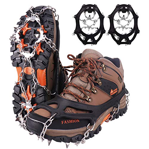 WIN.MAX Crampones, 19 Garras de Dientes Crampones Cubierta Antideslizante de Zapatos con Cadena de Acero Inoxidable para Excursiones Pesca Escalada Trotar Caminata sobre Nieve y Hielo (Negro, M)