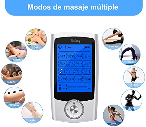 Wolady Masajeador Electroestimulador Digital EMS TENS Masaje Recargable 16 Modo 2 Canales Masajeador Portatil Estimulador Eléctrico Muscular Aliviar Dolor Espalda Cuello Hombro