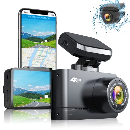 WOLFBOX 4K Dash CAM Delantera Trasera GPS Wi-Fi Integrado, 2,45" cámara de Coche, Doble Lente para Coches Gran Angular de 170°, visión Nocturna, Sensor G, Monitor de Aparcamiento, Grabación en Bucle