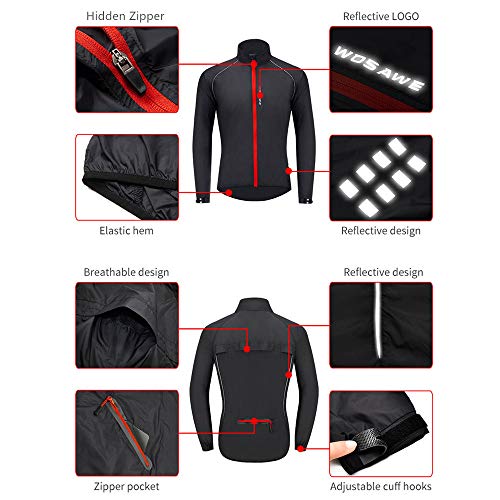 WOSAWE Chaqueta de ciclismo para correr impermeable y reflectante para hombre, cortavientos ligera, chaqueta de ciclismo a prueba de viento (negro L)