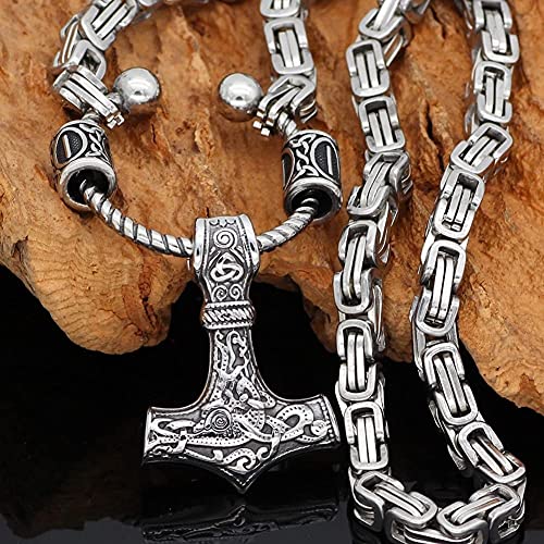 WWWXD Collar Colgante Martillo de Nordic de Viking Runa Totem círculo Thor,Mjolnir Emperador Acero Inoxidable Amuleto de Plata Cadena del Collar del Rey de Hombres,joyería Hecha a Mano único Ciclista