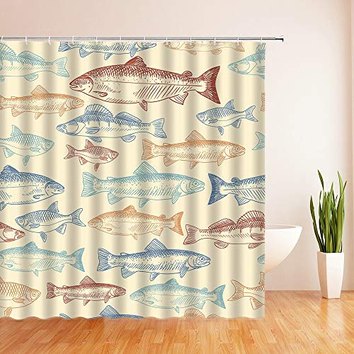 XCBN Cortinas de Ducha de Dibujos Animados de Peces de Colores oceánicos, Cortina de baño, Cortina de baño de decoración de Tela Impermeable con Ganchos A20, 200x200cm