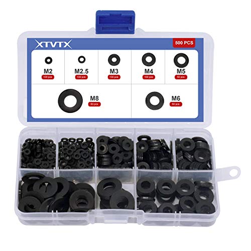 XTVTX 500 PCS Juego de arandelas espaciadoras planas chapadas en nailon negro anillo métrico de juntas (M2/M2.5/ M3/M4, M5/M6/M8)