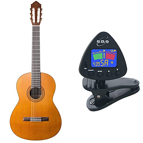 Yamaha C40 II Guitarra Clásica Guitarra 4/4 de madera, 65 cm 25 9/16”, 6 cuerdas de nylon + Eno Clip para afinador de guitarra y ukelele, Sintonizador de bajos y violín