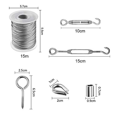 Zasiene Cable Acero Trenzado Juego de 19 Piezas Cable Acero Plastificado Kit de Colgador de Cuerda de Acero Inoxidables Exteriores Suspensión de Cuerda Tensor Cuerda Tendedero con Accesorios