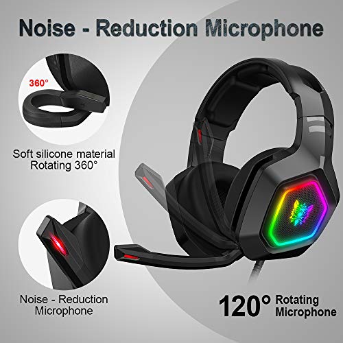 Auriculares Gaming con Microfono - Maxesla Cascos Gaming con Sonido Envolvente, Reducción de Ruido y Ajustable, Luz LED y Control Volumen, para PS4 / Xbox One X / PC / Laptop / Tablet