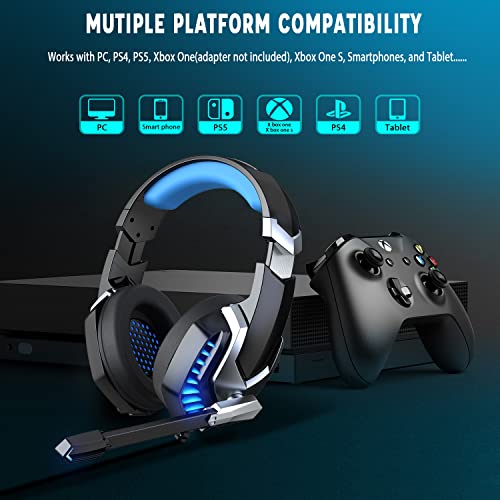 Auriculares Gaming para PS4 PS5 PC Xbox One Mac, Cascos Gaming Premium Estéreo con Microfóno reducción de Ruido, Jack Audio 3,5mm, Gaming Headset con Luz LED para Switch Computadora Azul