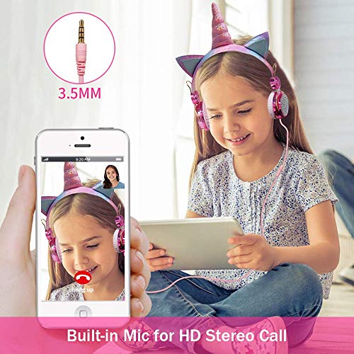 Auriculares Unicornio para Niños, Auriculares con Oreja para Niñas Auriculares Lindos con Cable 85dB Volumen Limitado, Navidad/Regalo de Cumpleaños para Niñas, Auriculares para Kindle/iPad (Wired)