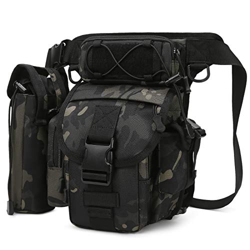 BAIGIO Bolsa de Pierna Tactica Hombre Riñoneras de Marcha Unisex, Bolsa de Cintura Multifuncional para la Pierna Militar para Pesca para Motociclismo Senderismo Camping Caza (Camo Negro)